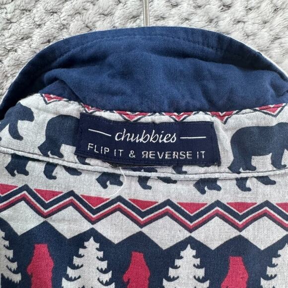 Chubbies Shirt Men L Blue Flip It Reverse It Christmas Bear Pearl Snap Button - Picture 2 of 16